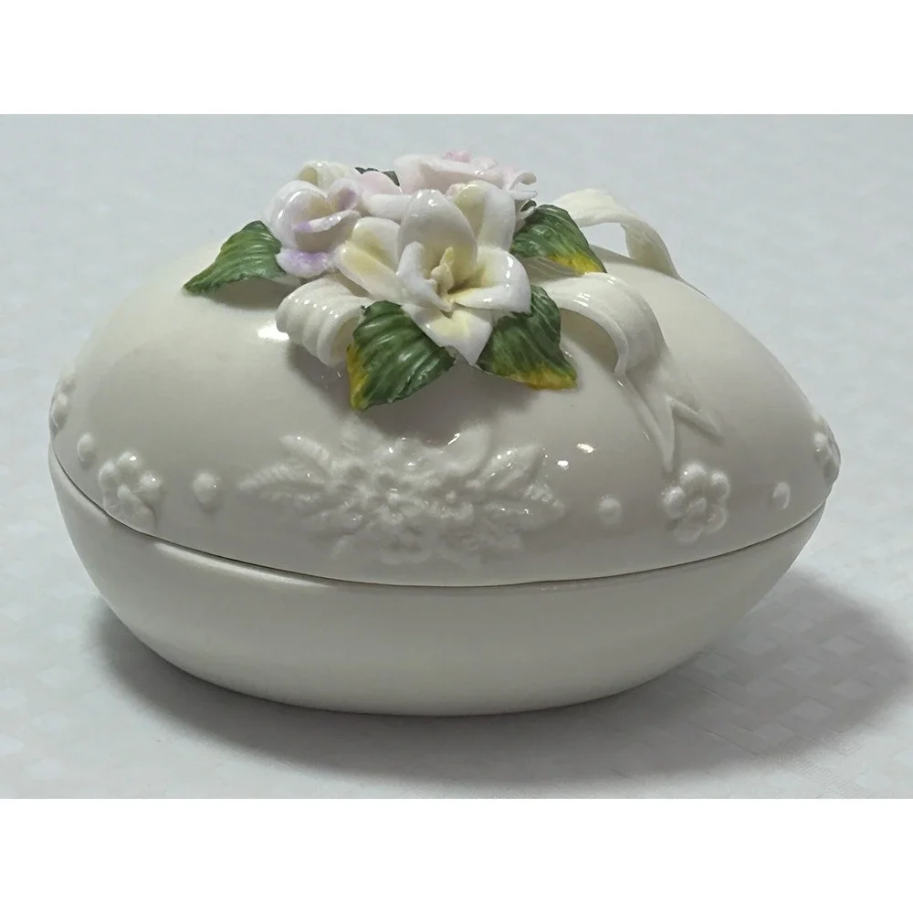 VTG Capodimonte Style Floral Oval Easter Spring Egg Jewelry Trinket Box W/ Lid